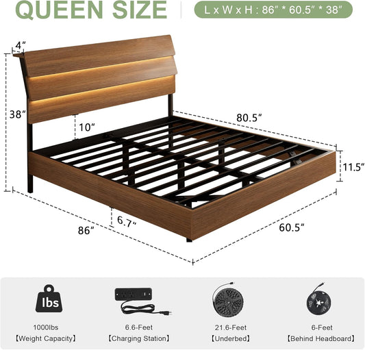 Floating Bed Frame Queen with Led Lights and Charging Station, Wood Full Size Bed Frame with Storage Headboard, Heavy Duty Metal Slats, No Box Spring Needed, Easy Assembly,Walnut