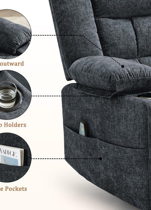 360° Swivel Rocker Recliner Chair for Adults with Massage and Heating Function, Nursery Glider Recliner Featuring Cup Holder, Manual Recliner for Living Room and Bedroom (Fabric, Dark Gray)
