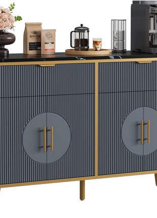 47.2" Modern Fluted Buffet Storage Cabinet with 2 Drawers and Adjustable Shelves, Navy Blue Kitchen Sideboard for Dining Room, Living Room, and Hallway