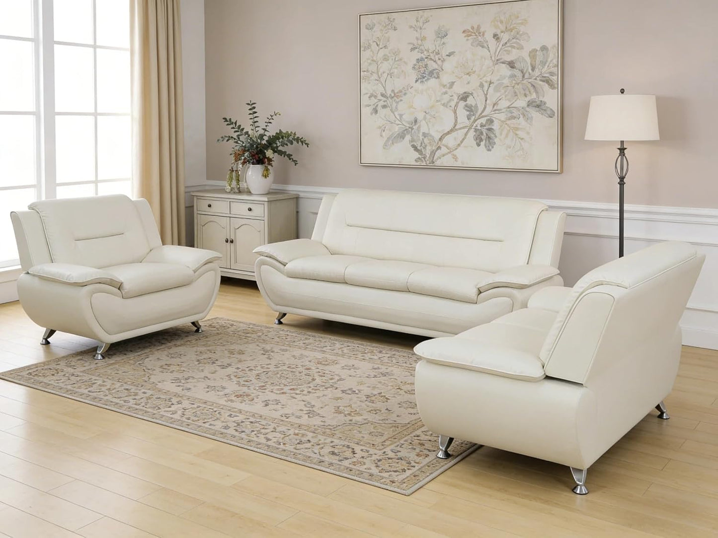 3-Piece Living Room Furniture, Modern White Faux Leather Sofa Set with Sturdy Metal Legs, (3-Seat Sofa + Loveseat + Armchair), Easy Assembly
