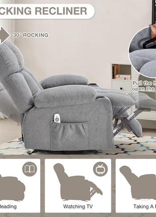 Ergonomic Massage Rocker Recliner Chair with Heat and Vibration - Overstuffed Lounge Chair for Living Room with 4 Side Pockets and 2 Cup Holders in Grey