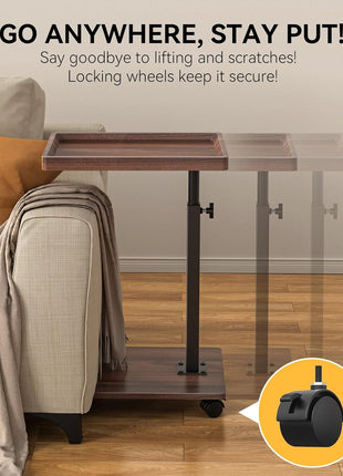 Adjustable Height C-Shaped End Table with 360° Swivel Functionality, Perfect for Compact Living Areas - Walnut Brown Finish