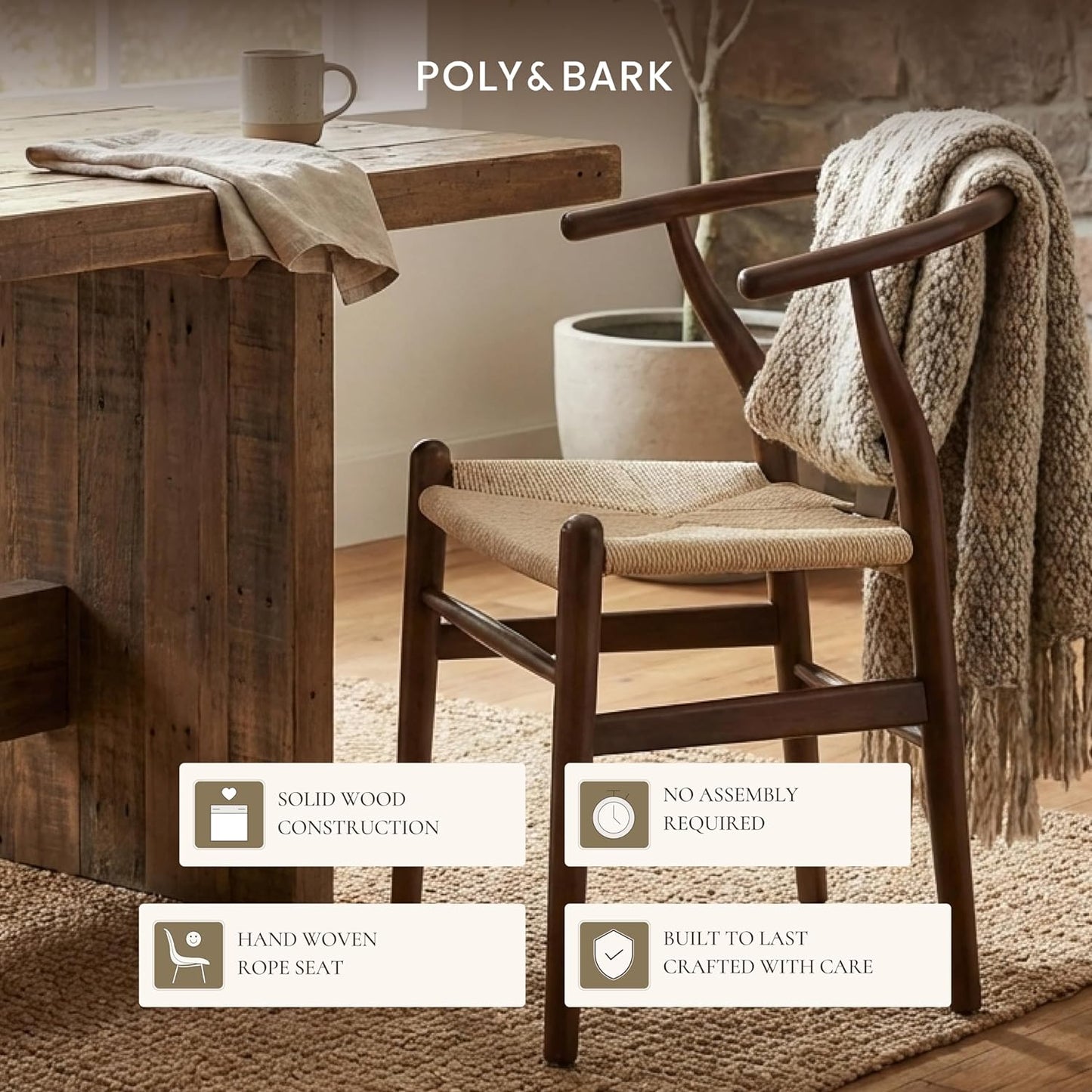 Weave Dining Chairs – Mid-Century Modern Wishbone Dining Chairs with Arms, Solid Wood Frame, Indoor Use – Walnut– Set of 2 - Ideal for Dining Room, Kitchen or Stylish Accent Setting