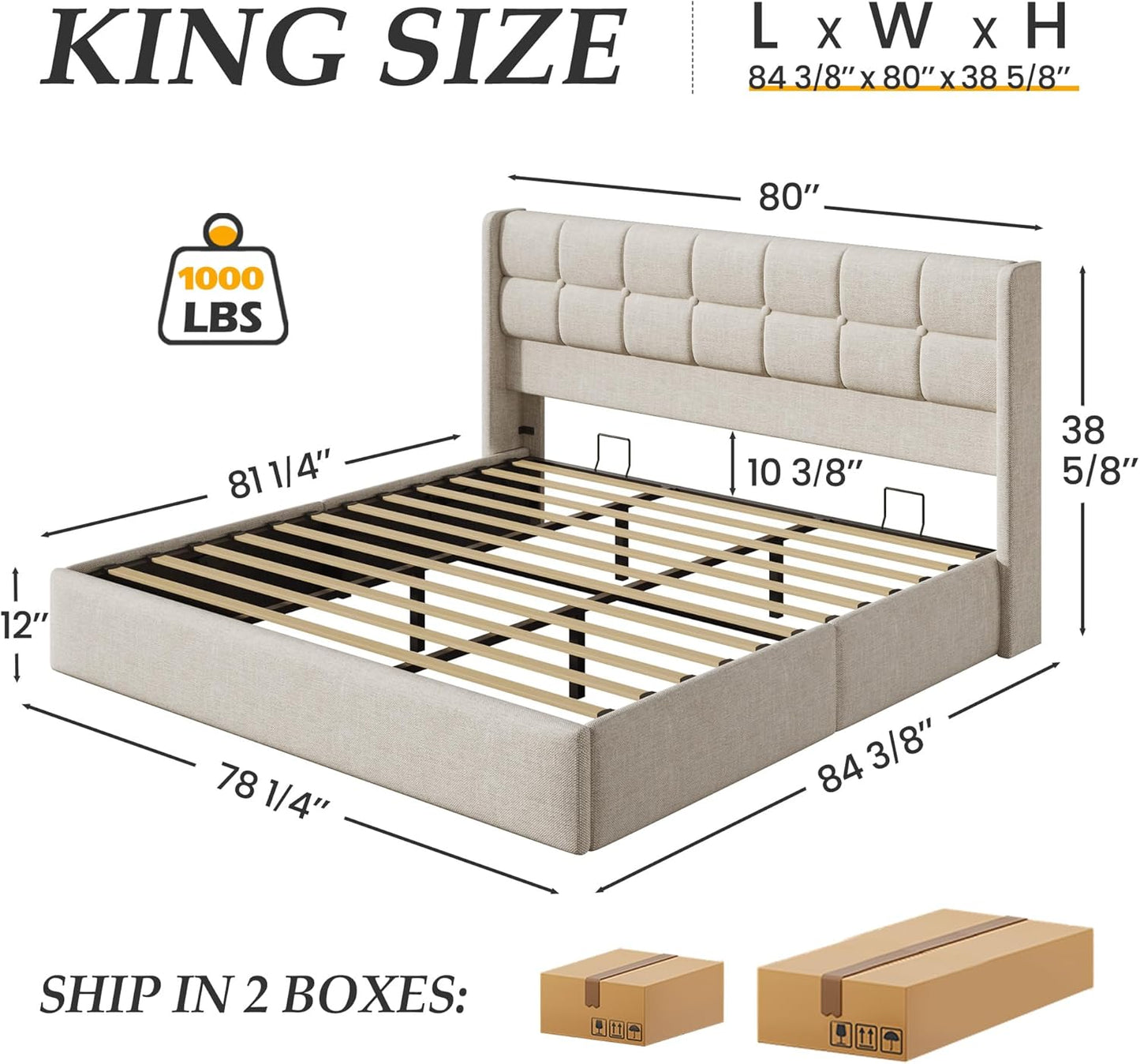 King Size Lift up Storage Bed Frame, Linen Upholstered King Platform with Button Tufted Wingback Headboard and Under-Bed Storage, Hydraulic Support, No Box Spring Needed, Noise Free, Beige