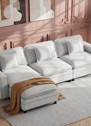 107" Modular Sectional Sofa with Ottoman, Deep 4-Seat L-Shaped Couch, Beige Cloud Couch with Throw Pillows for Living Room
