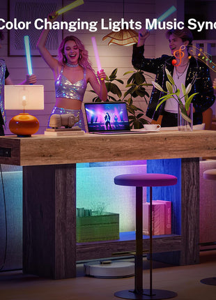 63-Inch Farmhouse Style Console Table with Integrated Charging Station and LED Lighting for Entryway, Sofa, and Hallway Use