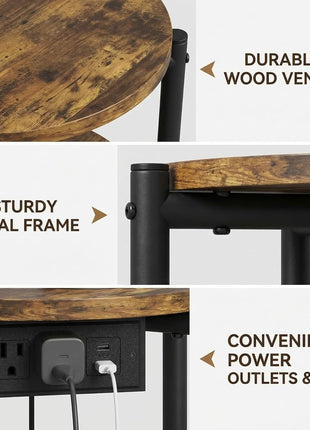 Round End Table with Integrated Charging Station, 15.8" Industrial 2-Tier Nightstand for Compact Spaces, Rustic Brown Finish, 77 lbs Load Capacity