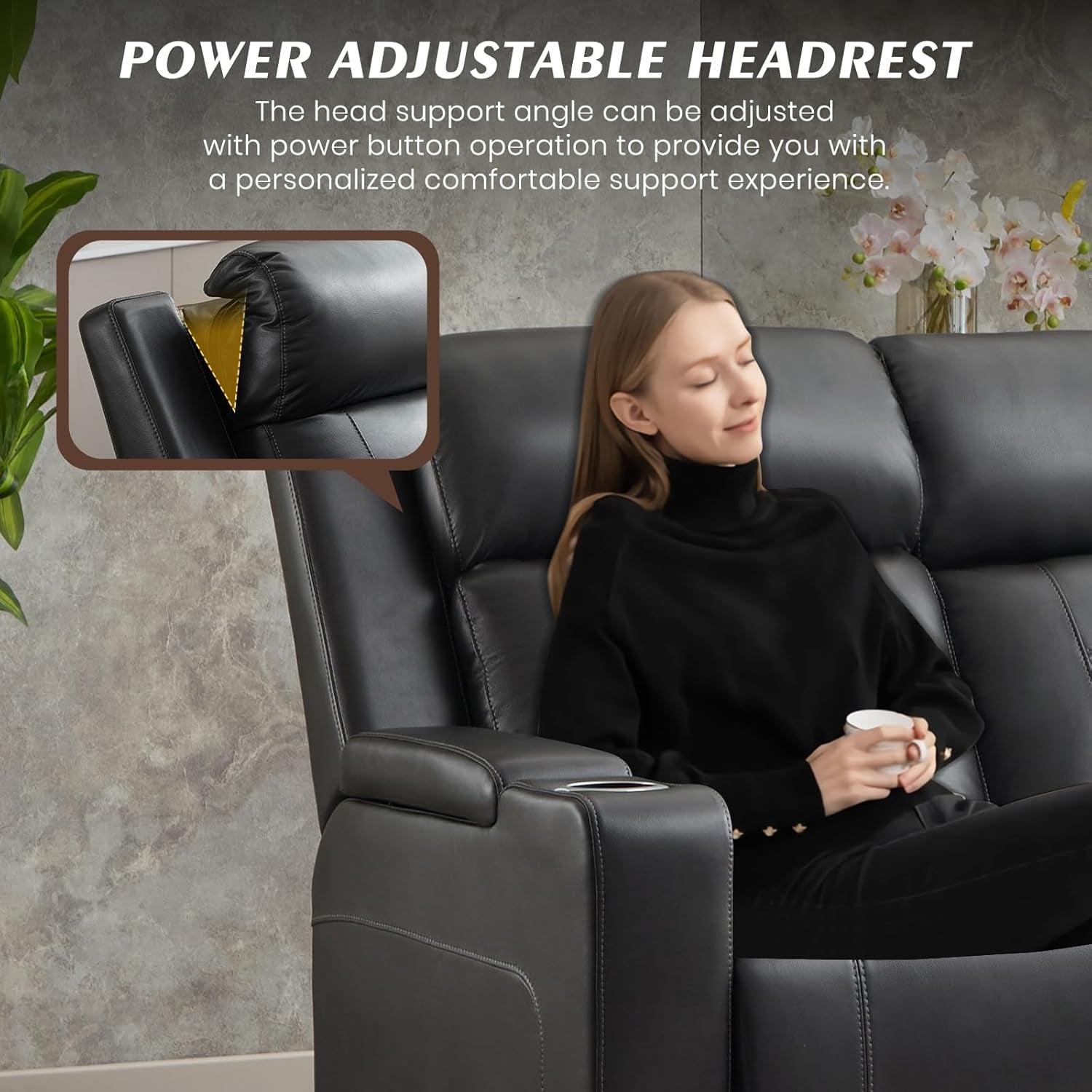 Power Reclining Sofa with Adjustable Headrest, Home Theater Seating Reclining Couch with LED Light/Outlet/Storage/Usb&Type-C, Power Loveseat Recliner Sofa for Living Room (Grey&Black, Sofa)