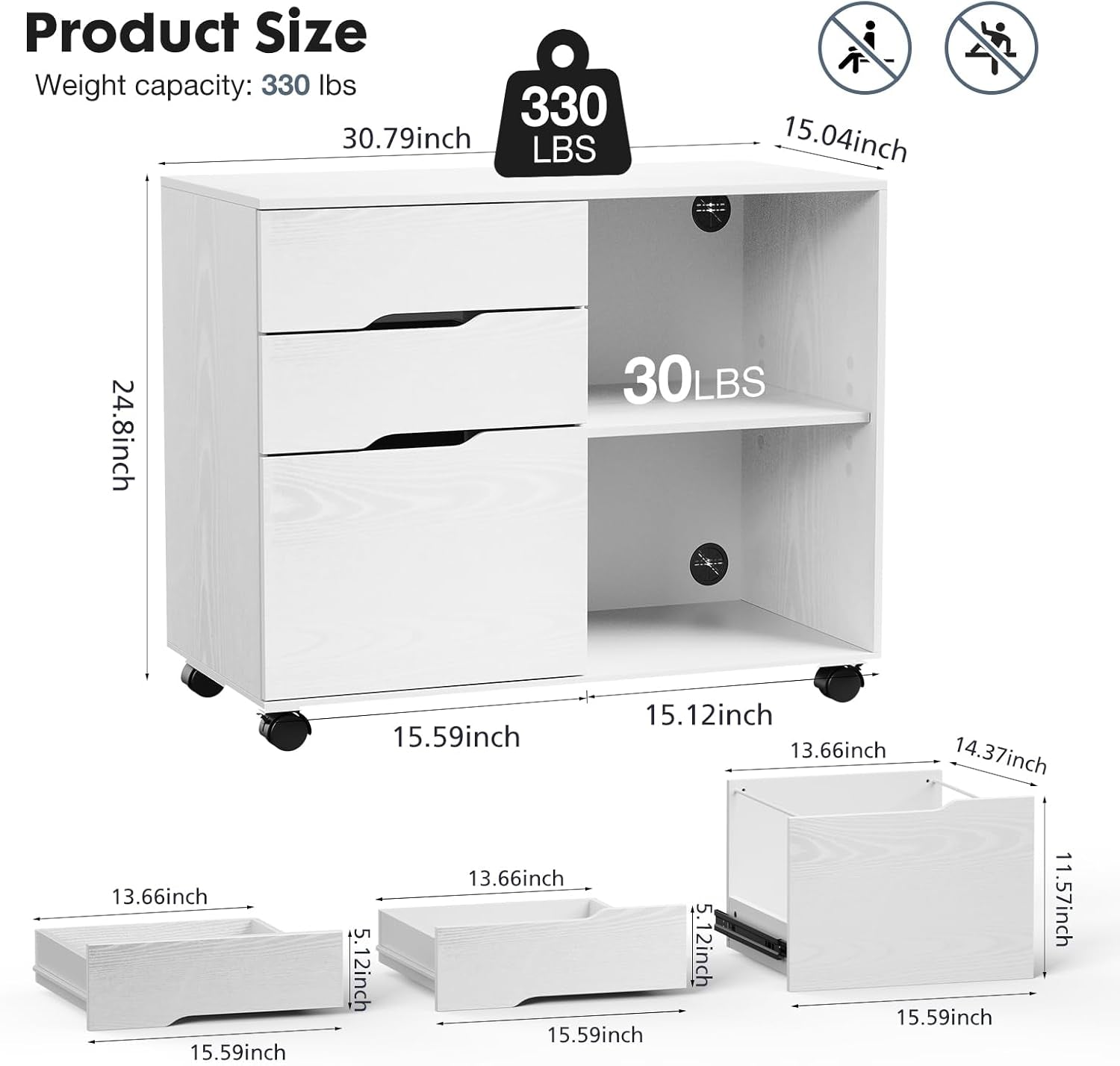 Lateral File Cabinet with 3 Drawers Rolling Filing Cabinets under Desk Storage Printer Stand Wood Organizer with Wheels Adjustable Shelf for Office Home Small Space, White
