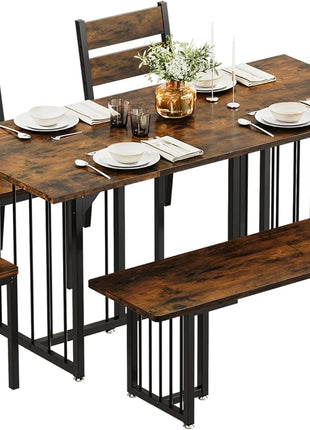 6-Piece Rustic Brown Dining Set for 6-8, 63-Inch Rectangular Kitchen Table with 4 Chairs and 2 Benches, Space-Saving Farmhouse Design for Apartments