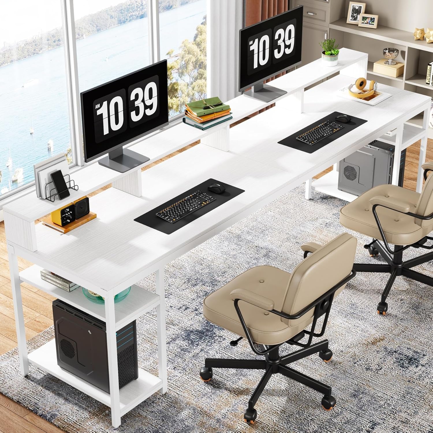 Two Person Desk with Monitor Stand, 78.74" Long Double Computer Office Desk with Storage Shelves, Large Gaming Desk Study Writing Table Workstation for Home Office (White)