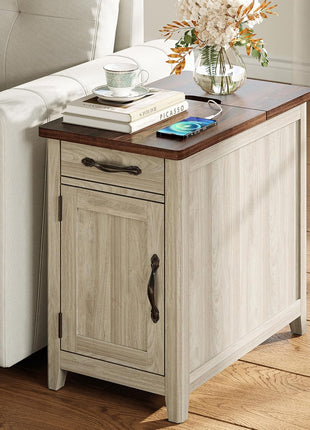 Farmhouse End Table with Built-in Charging Station, Compact Side Table for Living Room, Sofa Companion with Drawer and Storage Cabinet, Versatile Nightstand for Home Office