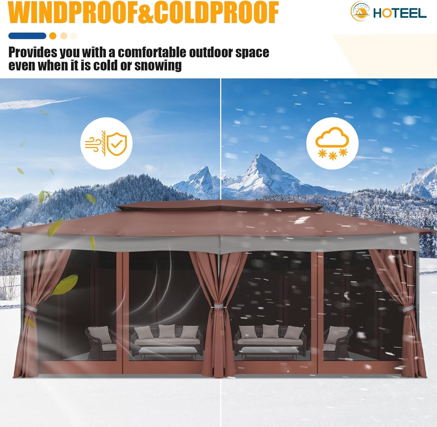 Gazebo 12X20, Outdoor Gazebo on Clearance with Double Ventilated Arc Roof, Privacy Curtains & Mosquito Netting, Easy Set up Canopy Tent with Stable Metal Frame for Patio, Brown