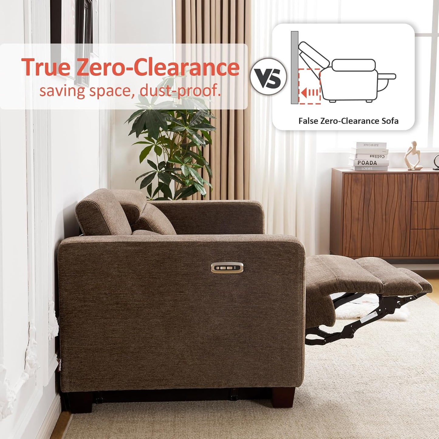 62.2'' Reclining Loveseat, Wall Hugger Power Loveseat Recliner Sofa with Adjustable Headrest, USB a & C Charge Ports, Wood Legs, for Living Room (Fabric Hl198M1)(Coffee)