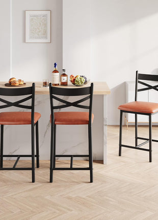 Set of 4 Modern Brown Counter Height Bar Stools with Backrest and Thick Cushion, Upholstered Dining Chairs for Kitchen Island, Bar, and Dining Room