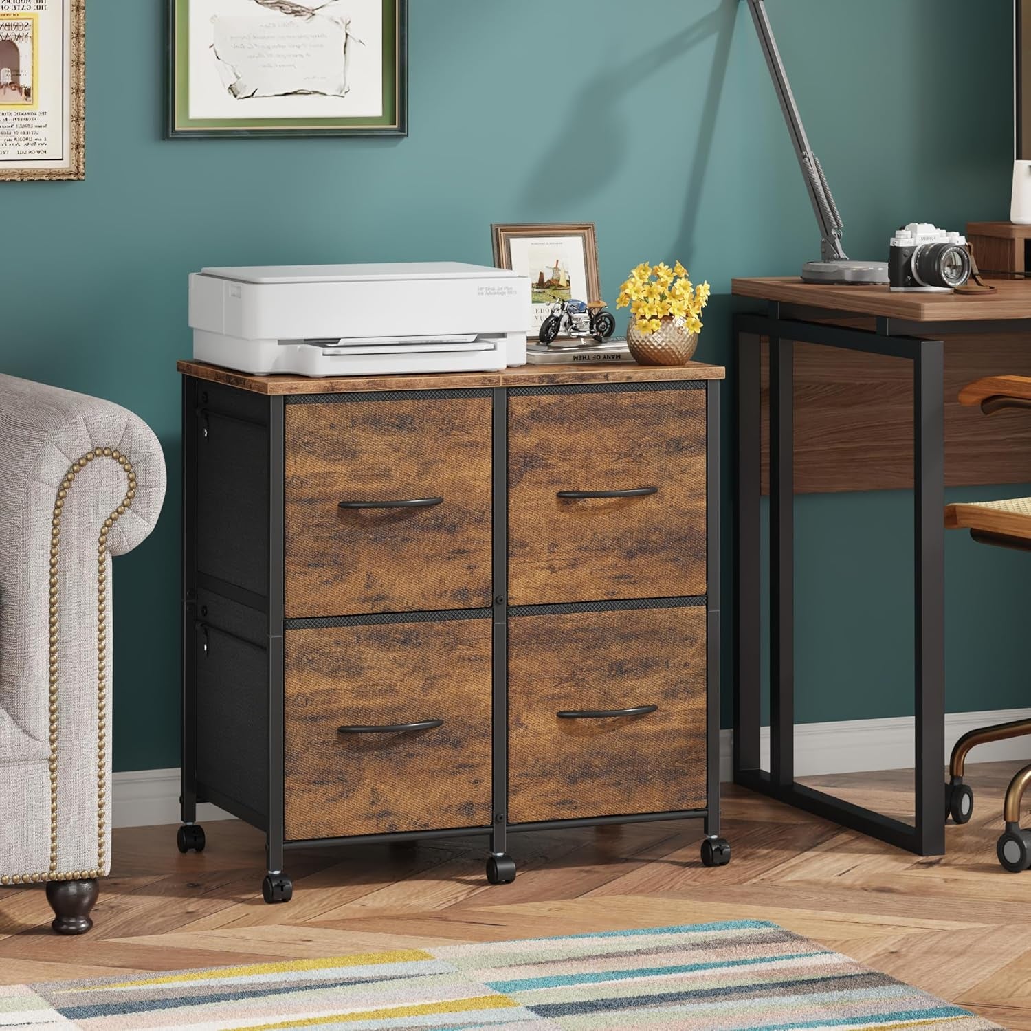 4 Drawer Lateral File Cabinet, Mobile Filing Cabinet for Large Printer, Home Office Functional Small Office Storage Cabinet & Printer Stand, Fits Letter/A4, Rustic Brown