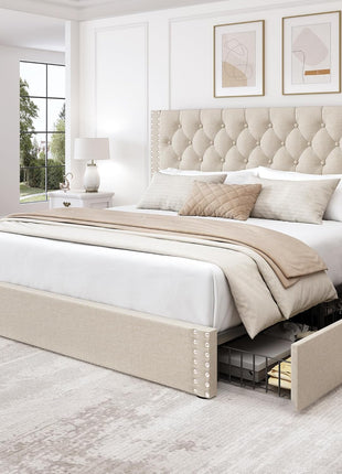 King Size Upholstered Platform Bed Frame with Tufted Headboard and 4 Storage Drawers, Heavy Duty Wood Slats, No Box Spring Required, Easy Assembly, Beige