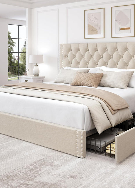 King Size Upholstered Platform Bed Frame with Tufted Headboard and 4 Storage Drawers, Heavy Duty Wood Slats, No Box Spring Required, Easy Assembly, Beige