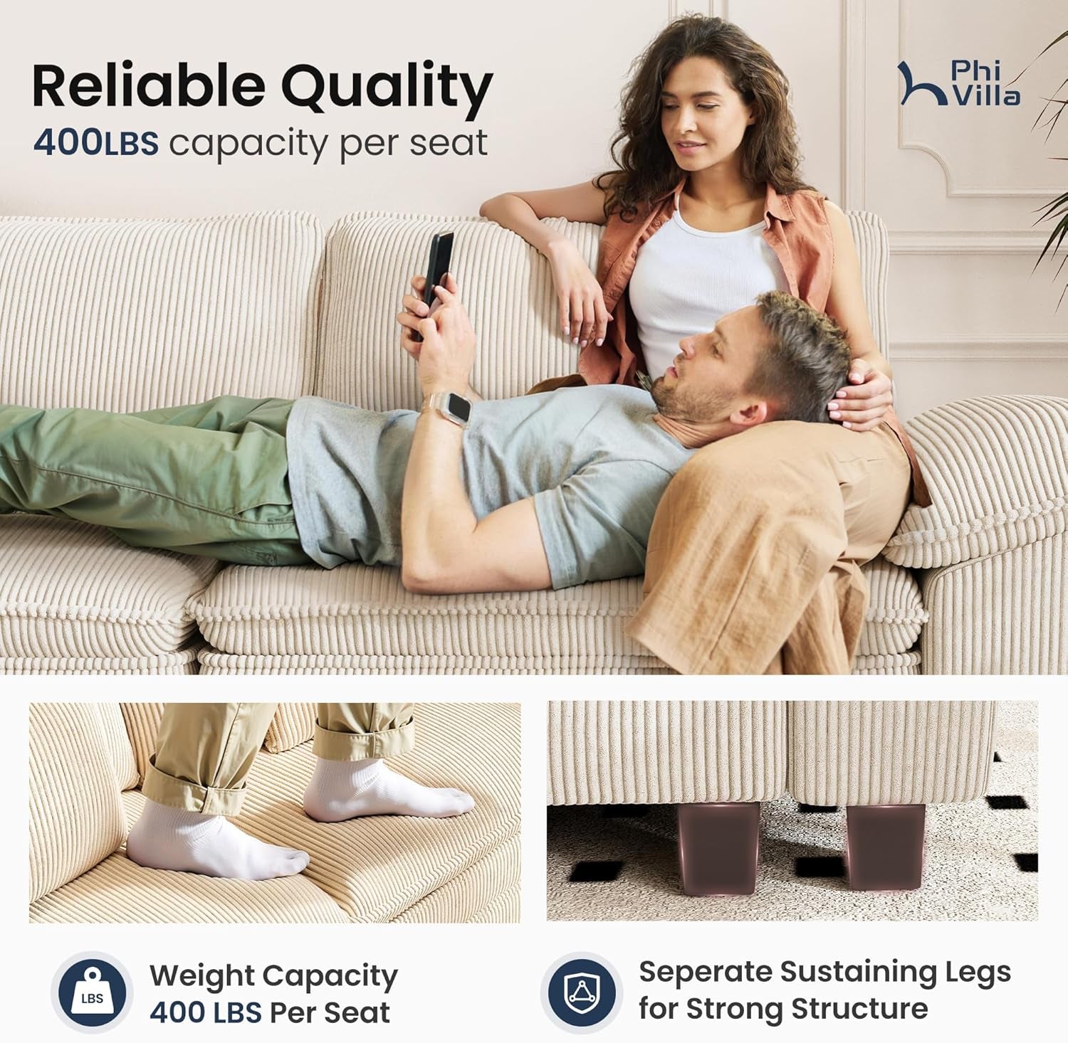 Cloud Modular Couches Sets, 2 Pieces Comfy Sectional Sofa Set with Loveseat, 5-Seater Upholstered Couch for Living Room, Corduroy, Beige