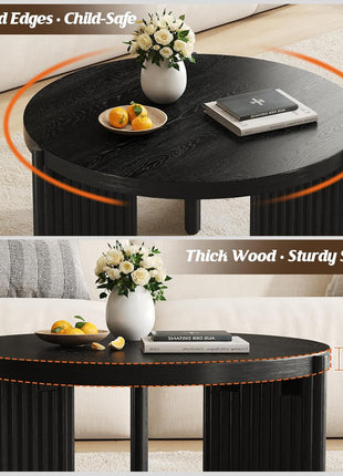 27.5" Mid-Century Modern Round Black Coffee Table with Fluted Wood Design and Ribbed Base, Perfect for Small Spaces and Easy Assembly