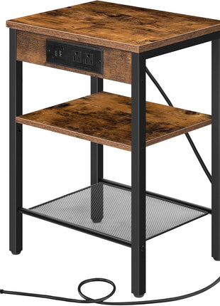 Rustic Brown Side Table with Integrated Charging Station and USB Port, Compact 3-Tier Nightstand with Adjustable Shelf for Living Room, Bedroom, and Balcony, Model BF112BZ01