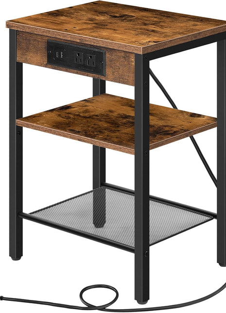 Rustic Brown Side Table with Integrated Charging Station and USB Port, Compact 3-Tier Nightstand with Adjustable Shelf for Living Room, Bedroom, and Balcony, Model BF112BZ01