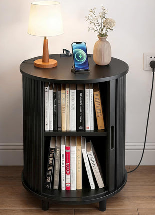 Round End Table with Storage and Charging Station, Fluted Accent Side Table with Sliding Door and Adjustable Shelf, Mid-Century Nightstand for Small Spaces, Black