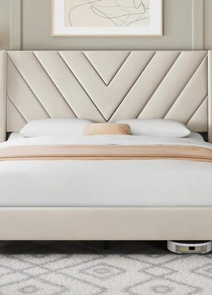 Upholstered Queen Bed Frame with Winged Headboard and Wooden Slat Support - No Box Spring Required, Beige