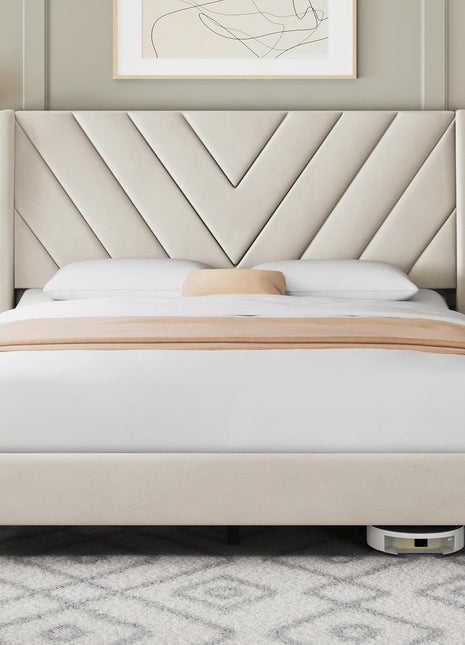 Upholstered Queen Bed Frame with Winged Headboard and Wooden Slat Support - No Box Spring Required, Beige