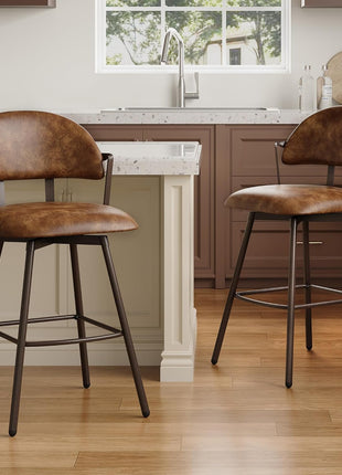 Set of 2 Contemporary 26-Inch Swivel Counter Height Bar Stools with Backs and Metal Legs, Upholstered in Faux Leather for Kitchen Island and Dining Room