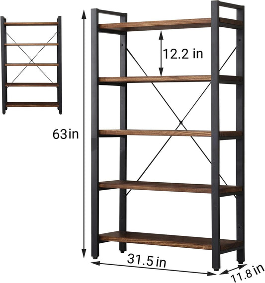 5 Tier Bookcase, Solid Wood Bookshelf Rustic Vintage Industrial Etagere Bookcase, Metal and Wood Free Vintage Bookshelf, Retro Brown (5-Tiers)