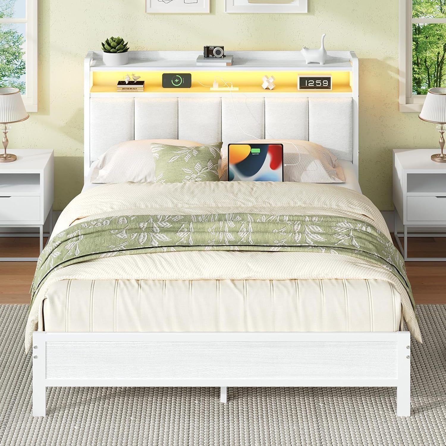 Queen Bed Frames with LED Lights and Charging Station, Metal Platform Queen Size Bed Frame with Upholstered Storage Headboard, Heavy Duty Metal Slat Support, Easy Assembly, White