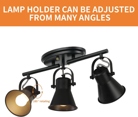 3-Light Track Lighting Kit,Black Semi Flush Mount Ceiling Light with 3 Rotatable Light Heads,Industrial Accent Lighting for Livingroom,Bathroom,Hallway,Art Wall,Bathroom,Kitchen.(3-Light)
