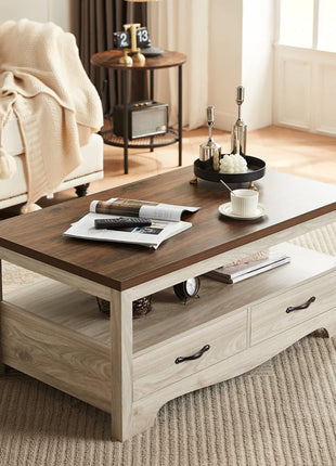 Farmhouse Coffee Table with Storage, Wood Construction, Open Display Area, and Drawers with Metal Handles in Oak and Brown Finish