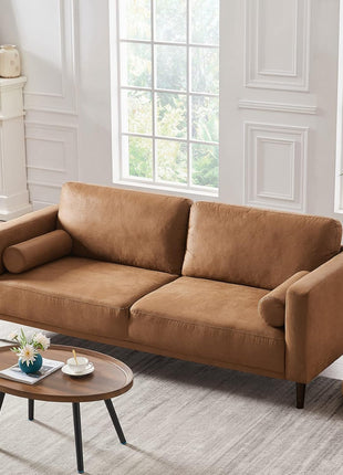 79-Inch Mid-Century Modern Faux Leather Sofa Couch with Deep Seats, Cloud Cushions, and Two Pillows - 3-Seater Loveseat for Living Room, Office, Bedroom, or Apartment in Brown