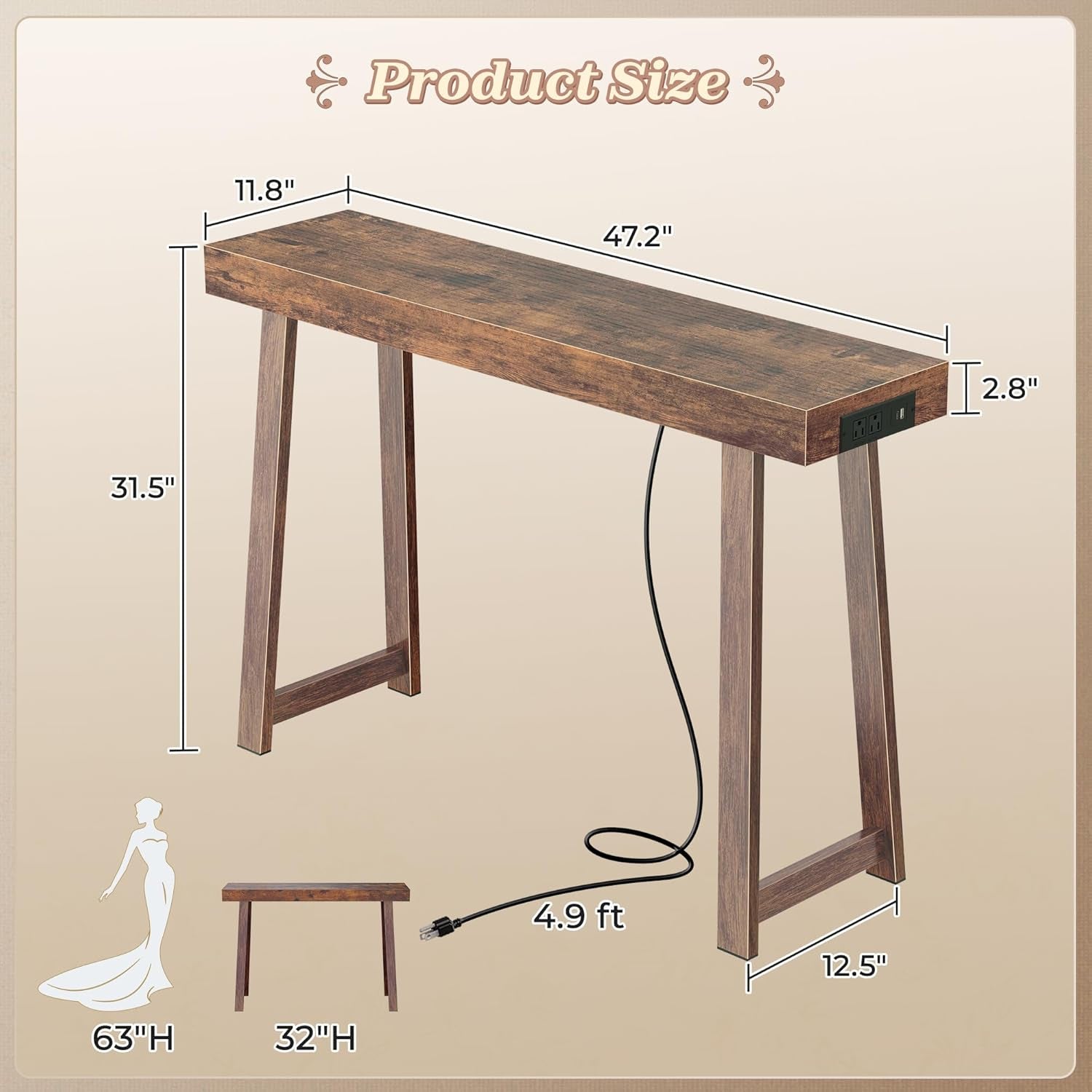 Entryway Console Table with Charging Station, USB-C Port, 47.2 Inch Sofa Table with Metal Legs, Entry Hallway Table with Thicker Desktop, Modern behind Couch Table, Rustic Brown