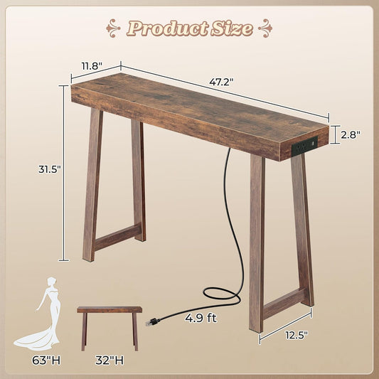 Entryway Console Table with Charging Station, USB-C Port, 47.2 Inch Sofa Table with Metal Legs, Entry Hallway Table with Thicker Desktop, Modern behind Couch Table, Rustic Brown