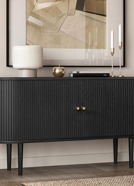 55-Inch Black Sideboard Cabinet with Doors and Shelves - Versatile Storage Solution for Living Room, Bedroom, Entryway, and Office - Modern Black Oak Buffet and Media Console Table