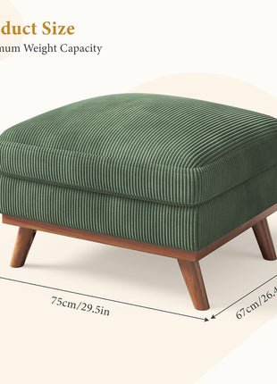 Large Rectangular Corduroy Ottoman with Spring Cushion, 29.5" Pouf Footrest for Living Room and Bedroom, Green Upholstery with Wooden Legs
