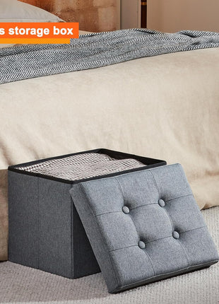 Compact Grey Foldable Ottoman Stool with Hidden Storage - 17 x 13 x 13 Inches for Living Room Use