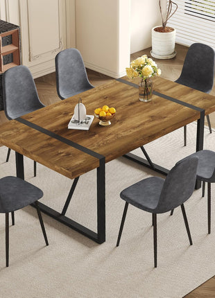 Contemporary 71'' Dark Wood Dining Table Set with 6 Upholstered Chairs, Ideal for Kitchen and Dining Room