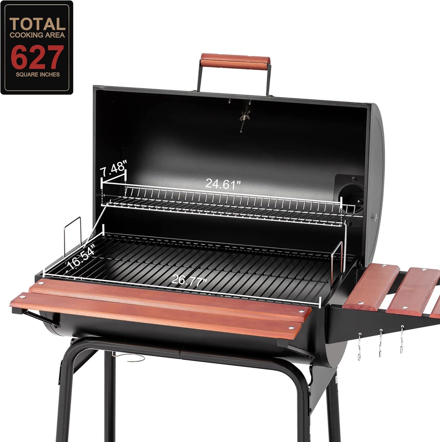 CC1830V 30 Barrel Charcoal Grill with Wood-Painted Side Front Table, 627 Square Inches Cooking Space, for Outdoor Backyard, Patio and Parties, Black