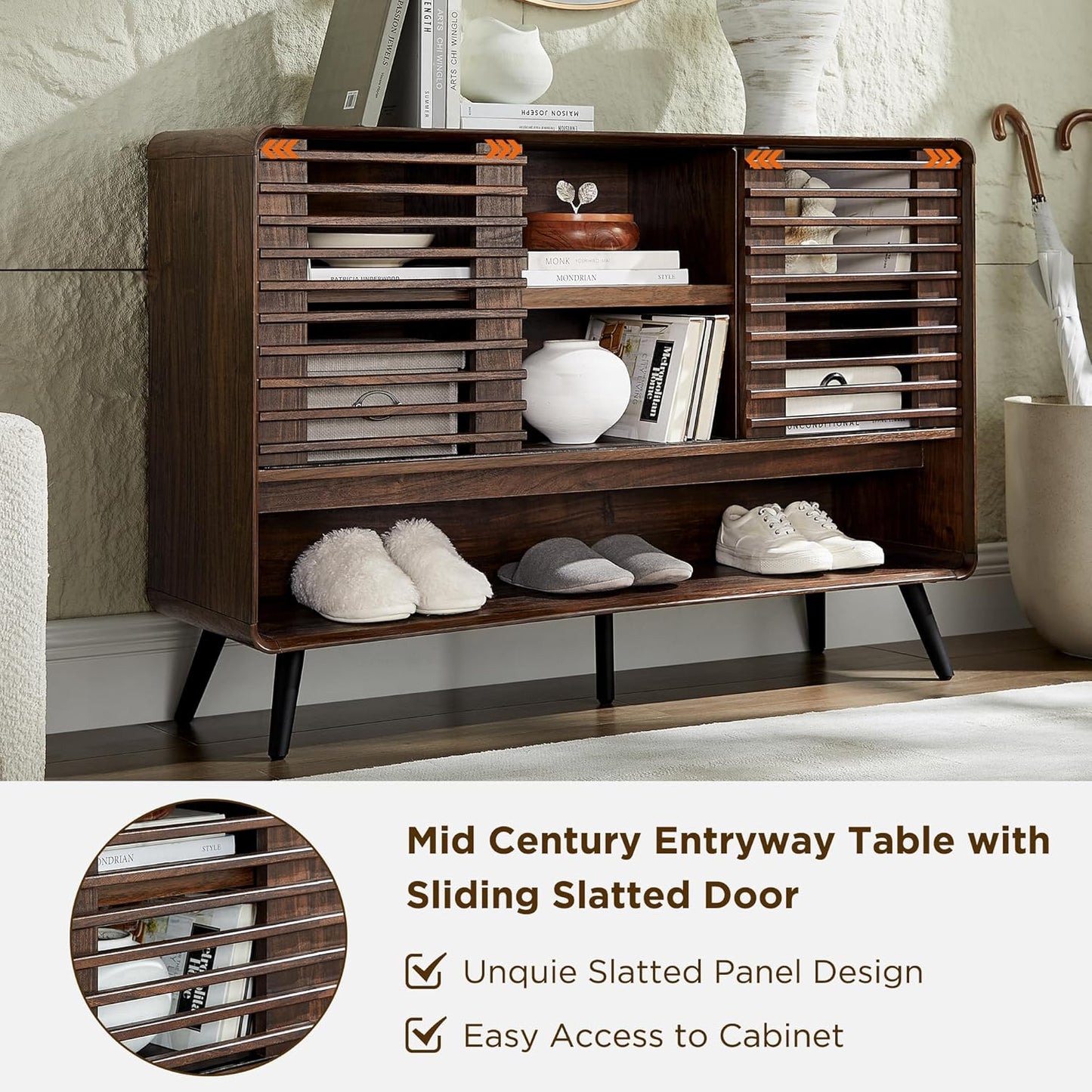 46" Entryway Table with Slatted Sliding Door, Mid Century Modern Console Table W/Adjustable Storage Shelf, Wood Sofa Table behind Couch for Hallway, Living Room, Foyer, Dark Walnut