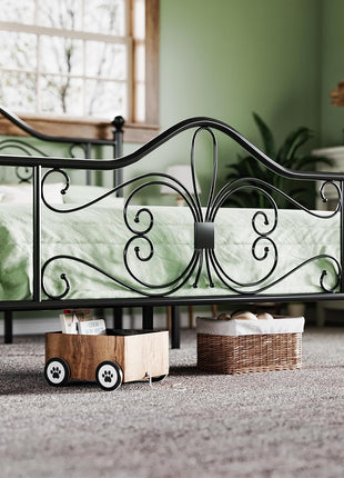 Full Size Metal Bed Frame with Butterfly Pattern Headboard and Footboard, No Box Spring Required, Easy Assembly, Black