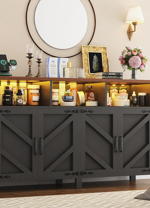 55'' Farmhouse Buffet Sideboard with Storage, Power Outlets, and LED Lighting - Large Wood Kitchen Cabinet for Dining Room and Entryway