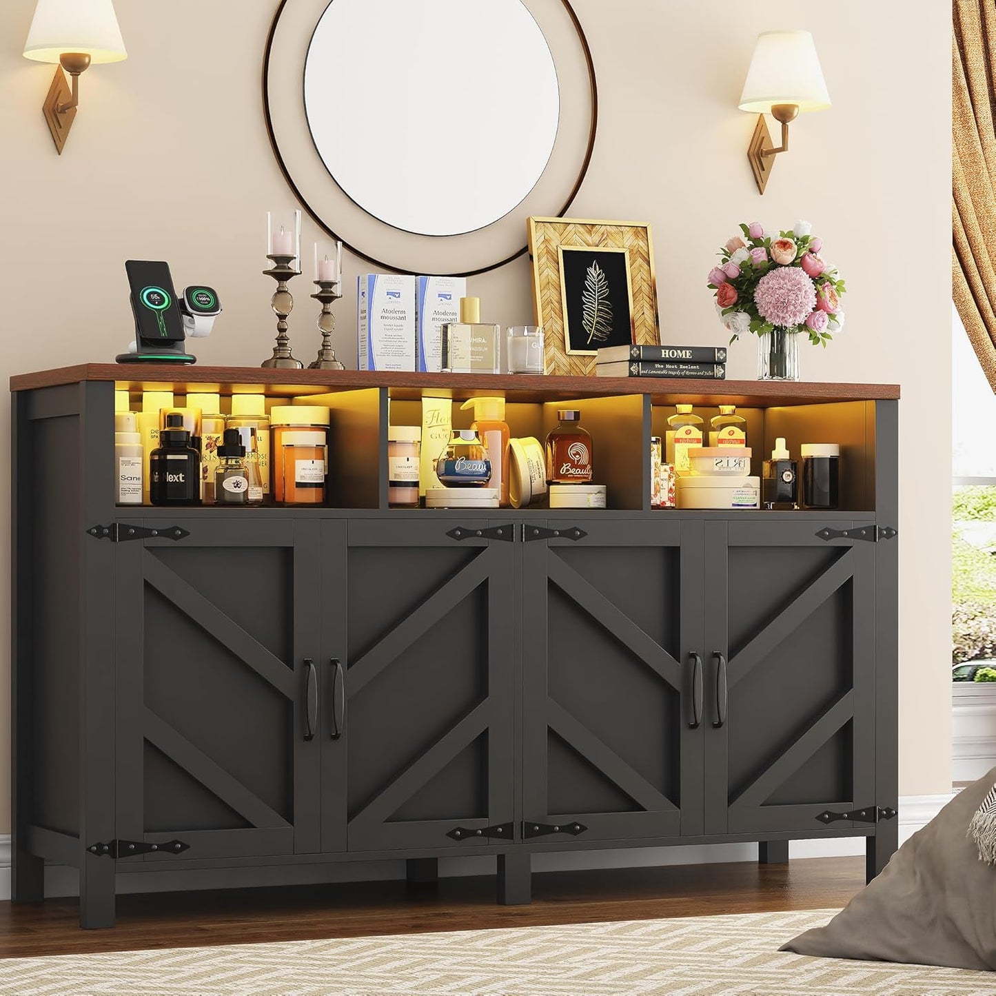 Buffet Sideboard with Storage with Power Outlets & LED Light 4 Doors, 55'' Large Farmhouse Kitchen Storage Cabinet Wood Coffee Bar Cabinet Buffet Table for Kitchen, Dining Room, Entryway