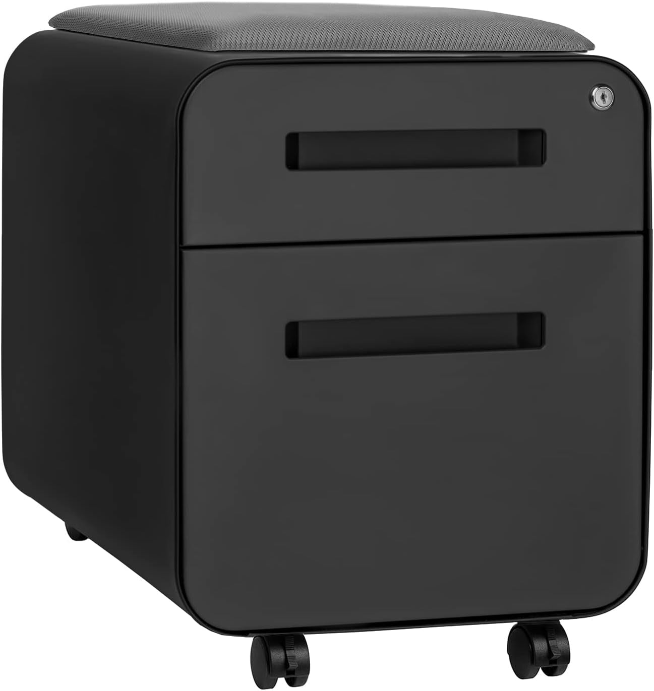 STOCKPILE Mini Seated 2 Drawer Mobile File Cabinet with Removable Magnetic Cushion Seat - Short Version, Metal Filing Cabinet, Pre-Assembled, Black with Grey Cushion