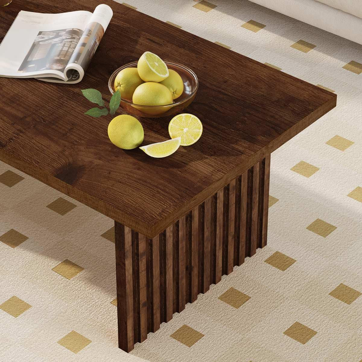 Coffee Table for Living Room, Farmhouse Wood Center Table, Rectangle Mid-Century Living Room Tables, Unique Fluted Panel Coffee Tables (Rustic Oak, 43Inch)