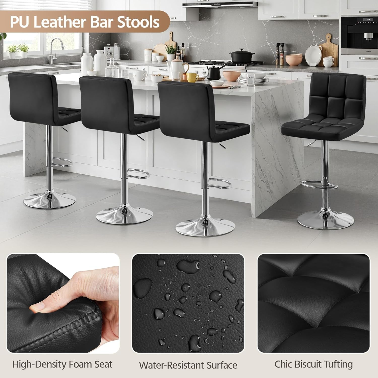 Bar Stools Set of 2, Adjustable PU Leather Swivel Barstools, Modern Counter Stools with Back and Footrest, Counter Height Barstools for Bar, Kitchen, Dining Room, Black