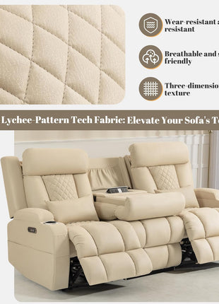Zero Wall Hugger Power Reclining Sofa with Adjustable Headrest, Electric Reclining Couch Featuring Drop-Down Table and Outlets, Power Loveseat Recliner Sofa for Living Room and RV (Beige, 3-Seater)